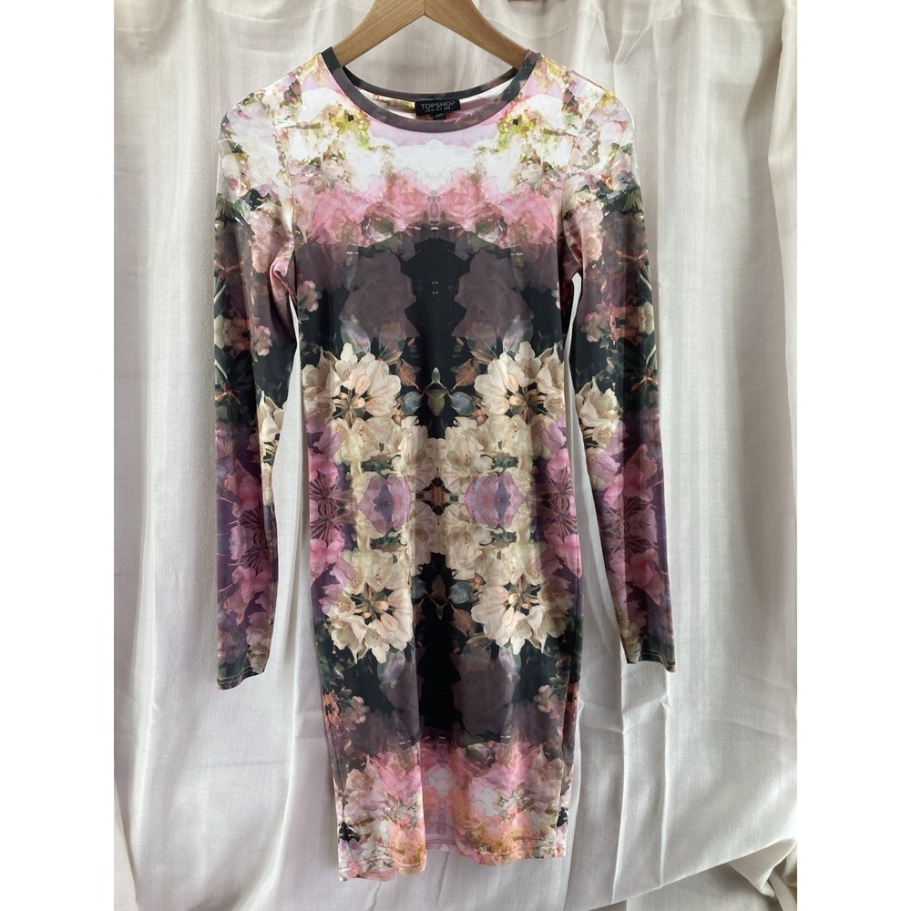 + Topshop Floral patterned long sleeved bodycon stretch dress size 4